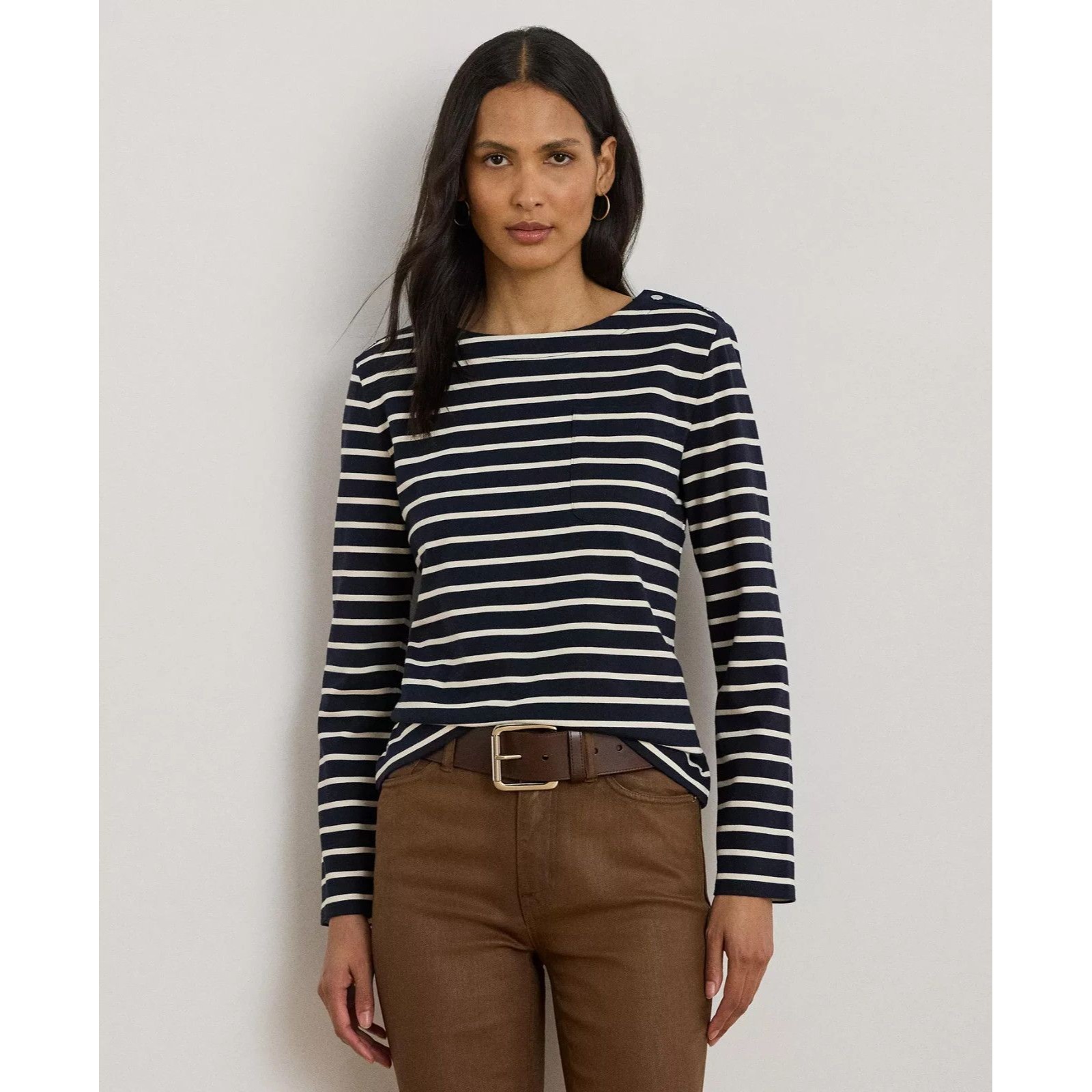 Lauren Ralph Lauren Women's Striped Jersey Snap-Trim Boatneck Top Navy Cream Xs